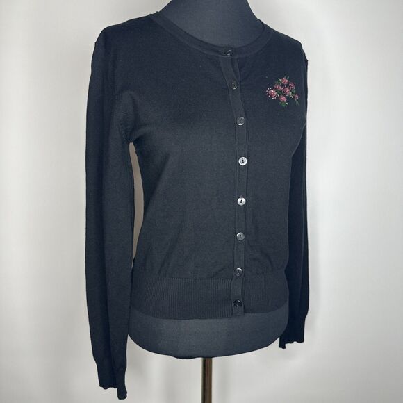 Black Sweater Sheer Lace Back Cardigan Flower Appliqué Sz S Gothic Layering - Picture 3 of 9
